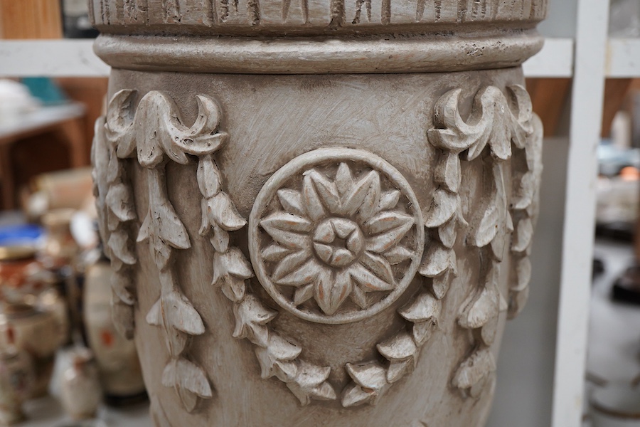 A pair of painted and carved wood lamps, 65cm to wood top